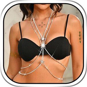 Rhinestone Star Body Chain Bra Silver Sparkly Layered Summer Festival Sexy